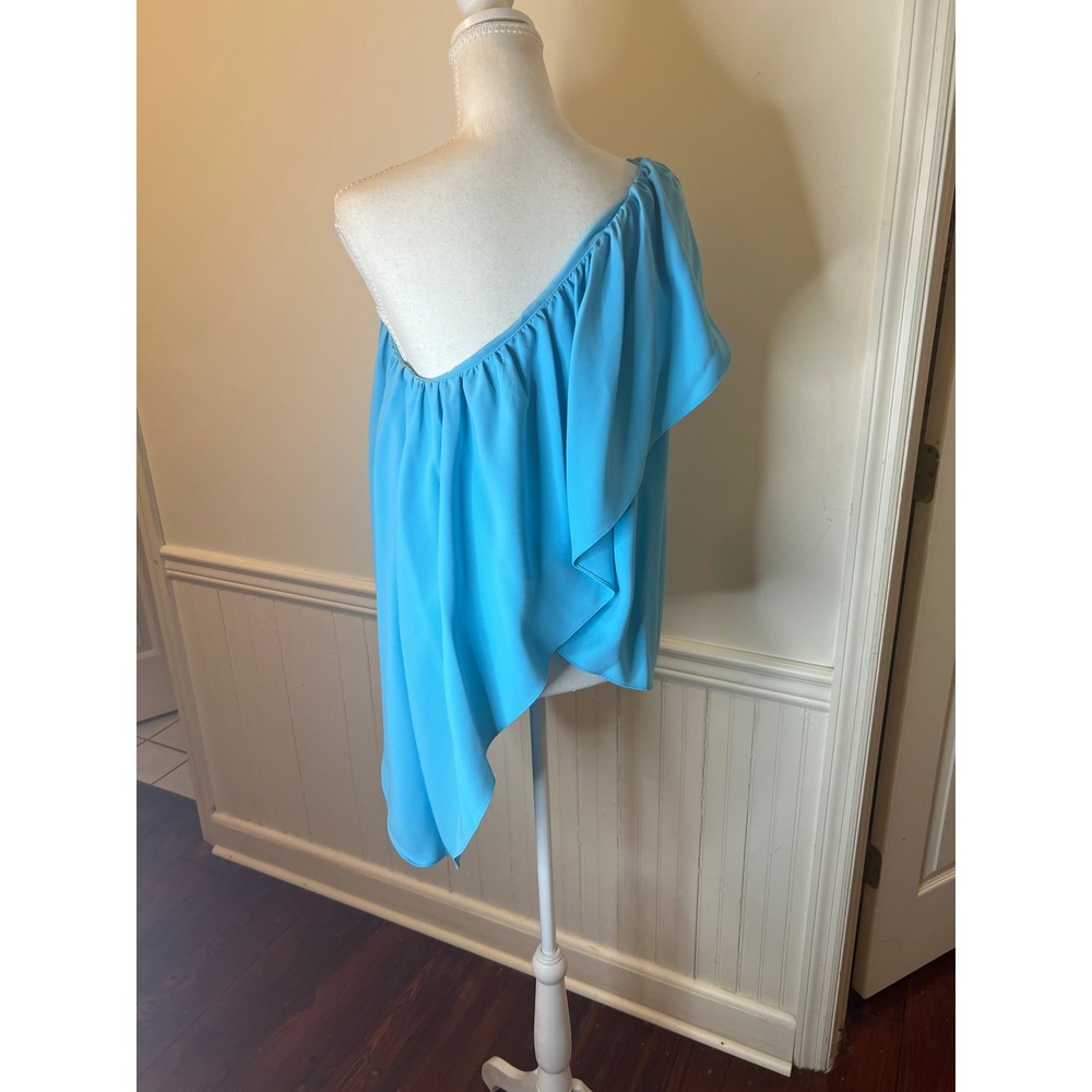 Trina Turk‎ Satisfied Top Turquoise Blue One Shoulder Ruffle Blouse Size M - Picture 5 of 9